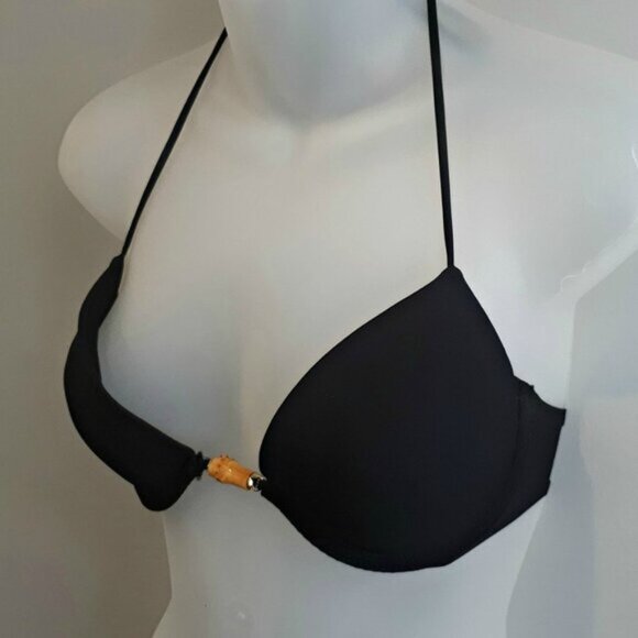 Victorias Secret Halter Bikini Top Swim Bra Black Gold Wood Beaded Size 34B - Picture 3 of 9